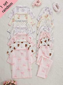 SHEIN (Randomly Sent 1 Set) Girls' Apricot Base Floral Heart Bow Bear Free Combination Print Short Sleeve Top And Long Pants Casual Comfortable Loose Home Wear Surprise Blind Box - Multicolor - View 2