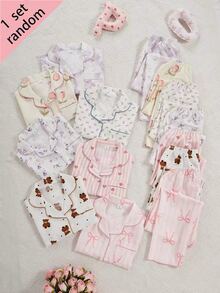 SHEIN (Randomly Sent 1 Set) Girls' Apricot Base Floral Heart Bow Bear Free Combination Print Short Sleeve Top And Long Pants Casual Comfortable Loose Home Wear Surprise Blind Box - Multicolor - View 3