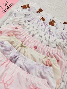 SHEIN (Randomly Sent 1 Set) Girls' Apricot Base Floral Heart Bow Bear Free Combination Print Short Sleeve Top And Long Pants Casual Comfortable Loose Home Wear Surprise Blind Box - Multicolor - View 6