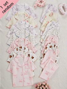 SHEIN (Randomly Sent 1 Set) Girls' Apricot Base Floral Heart Bow Bear Free Combination Print Short Sleeve Top And Long Pants Casual Comfortable Loose Home Wear Surprise Blind Box - Multicolor - View 1
