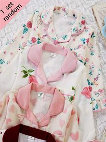 SHEIN 女童翻領長袖單排扣上衣與長褲居家服套裝，花卉荷葉邊愛心設計，4件套，秋冬款，柔軟舒適可愛禮物 - 彩色 - 查看 5