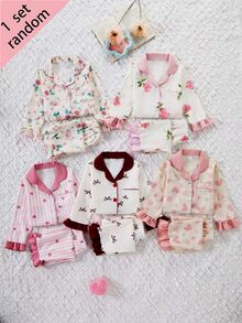 SHEIN 女童翻領長袖單排扣上衣與長褲居家服套裝，花卉荷葉邊愛心設計，4件套，秋冬款，柔軟舒適可愛禮物 - 彩色 - 查看 3