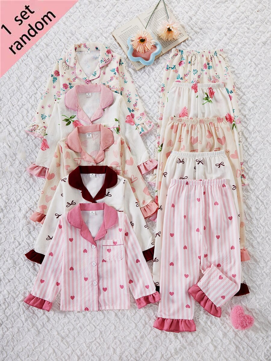 SHEIN 女童翻領長袖單排扣上衣與長褲居家服套裝,花卉荷葉邊愛心設計,4件套,秋冬款,柔軟舒適可愛禮物 - 彩色 - 查看 1