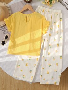 SHEIN Kids Tween Girl Tween Girls Fashion Casual Knit Round Neck Short Sleeve Top & Ditsy Floral Long Pants Set - Yellow - View 3