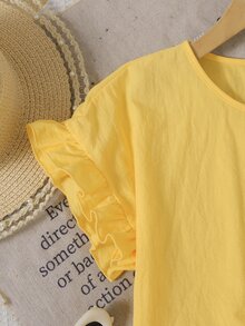 SHEIN Kids Tween Girl Tween Girls Fashion Casual Knit Round Neck Short Sleeve Top & Ditsy Floral Long Pants Set - Yellow - View 5