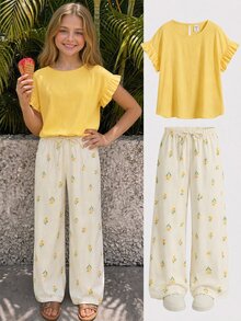 SHEIN Kids Tween Girl Tween Girls Fashion Casual Knit Round Neck Short Sleeve Top & Ditsy Floral Long Pants Set - Yellow - View 10