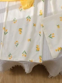 SHEIN Kids Tween Girl Tween Girls Fashion Casual Knit Round Neck Short Sleeve Top & Ditsy Floral Long Pants Set - Yellow - View 9