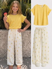 SHEIN Kids Tween Girl Tween Girls Fashion Casual Knit Round Neck Short Sleeve Top & Ditsy Floral Long Pants Set - Yellow - View 11