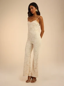 Dancing Leopard White Lace Sweetheart Flare Leg Jumpsuit, Summer Outfits For Women, Vacation Wear - White - View 5