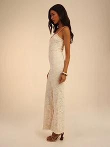 Dancing Leopard White Lace Sweetheart Flare Leg Jumpsuit, Summer Outfits For Women, Vacation Wear - White - View 3