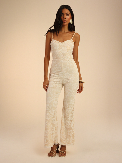 Dancing Leopard Mono de pierna acampanada con escote corazón de encaje blanco, atuendos de verano para mujeres, ropa de vacaciones