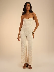 Dancing Leopard White Lace Sweetheart Flare Leg Jumpsuit, Summer Outfits For Women, Vacation Wear - White - View 6