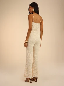 Dancing Leopard White Lace Sweetheart Flare Leg Jumpsuit, Summer Outfits For Women, Vacation Wear - White - View 2