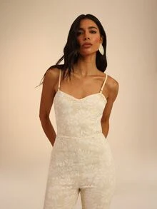 Dancing Leopard White Lace Sweetheart Flare Leg Jumpsuit, Summer Outfits For Women, Vacation Wear - White - View 7