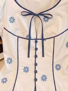 SHEIN Elenzya 女士蓝色纯色荷叶边泡泡袖衬衫，夏季撞色系带蝴蝶结V领修身短款衬衫 - 彩色 - 查看 3