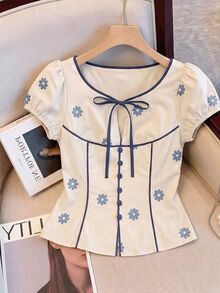 SHEIN Elenzya 女士蓝色纯色荷叶边泡泡袖衬衫，夏季撞色系带蝴蝶结V领修身短款衬衫 - 彩色 - 查看 6