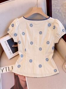 SHEIN Elenzya 女士蓝色纯色荷叶边泡泡袖衬衫，夏季撞色系带蝴蝶结V领修身短款衬衫 - 彩色 - 查看 2