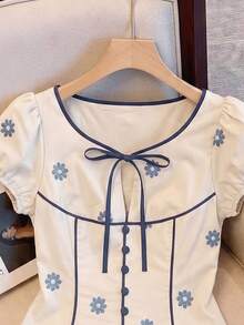 SHEIN Elenzya 女士蓝色纯色荷叶边泡泡袖衬衫，夏季撞色系带蝴蝶结V领修身短款衬衫 - 彩色 - 查看 4