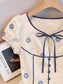 SHEIN Elenzya 女士蓝色纯色荷叶边泡泡袖衬衫，夏季撞色系带蝴蝶结V领修身短款衬衫 - 彩色 - 查看 5