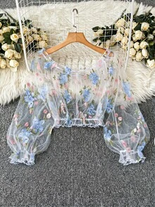 DreamSkyne Plus Size Off Shoulder Floral Mesh Embroidered Sheer Loose Elegant Fashion Puff Sleeve Long Sleeve Chiffon Cover Up For Summer - Multicolor - View 1