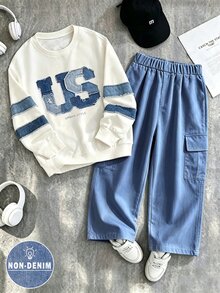 SHEIN 2件組青少年男孩時尚簡約舒適圓領衛衣與寬腿工裝褲秋季套裝，時尚簡約英美風圖案設計，適合假期派對聚會休閒舒適，街頭風男孩春秋冬季首選 5-15° 時尚休閒穿搭，春秋冬季街頭穿搭，外出 - 彩色 - 查看 3