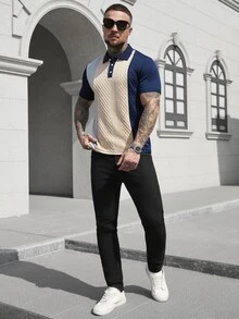 Manfinity CasualCool 海軍藍男士休閒拼色短袖 Polo 衫，夏季城市度假時尚高爾夫上衣，老錢風卡其色遊艇風，男友禮物 - 彩色 - 查看 7