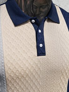 Manfinity CasualCool 海軍藍男士休閒拼色短袖 Polo 衫，夏季城市度假時尚高爾夫上衣，老錢風卡其色遊艇風，男友禮物 - 彩色 - 查看 5