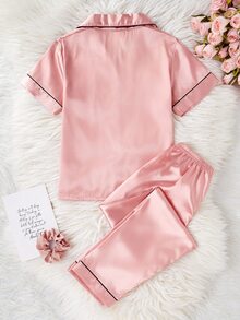 女童黑色極簡印花布料長褲與短袖開襟衫居家服套裝 - 彩色 - 查看 2