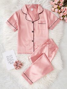 女童黑色極簡印花布料長褲與短袖開襟衫居家服套裝 - 彩色 - 查看 5