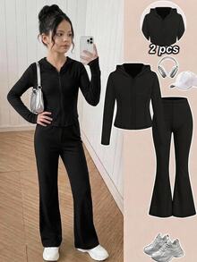 SHEIN Tween Girls Tween Girl 2pcs Solid Color Zip-Up Hoodie And Wide Leg Pants Set, Suitable For Spring/Autumn, Daily Wear Back To School Fall/Winter Outfits - Black - View 5