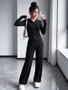 SHEIN Tween Girls Tween Girl 2pcs Solid Color Zip-Up Hoodie And Wide Leg Pants Set, Suitable For Spring/Autumn, Daily Wear Back To School Fall/Winter Outfits - Black - View 7