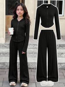 SHEIN Tween Girls Tween Girl 2pcs Solid Color Zip-Up Hoodie And Wide Leg Pants Set, Suitable For Spring/Autumn, Daily Wear Back To School Fall/Winter Outfits - Black - View 3