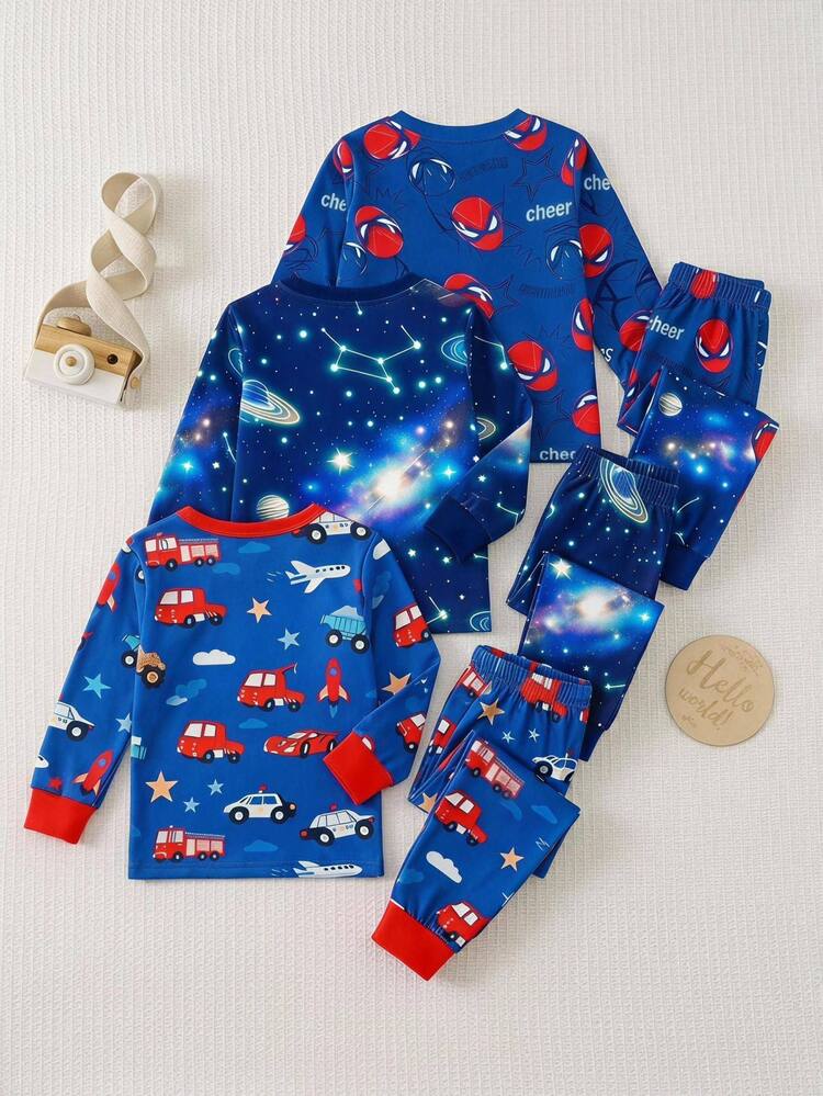 SHEIN Baby Boy Baby Girl Snug Fit Autumn/Winter Cute Car Pattern Ribbed Crew Neck Long Sleeve Top & Pajama Pants Soft Comfortable Tight-Fitting Sleepwear Loungewear Set 2pcs, Christmas, New Year, Pajama - Multicolor - View 2