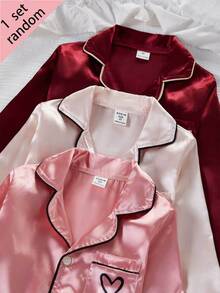 SHEIN 女童純色緞面極簡口袋愛心印花長袖開襟外套套褲休閒家居服 3 套隨機發貨 1 套驚喜盲盒 - 彩色 - 查看 6
