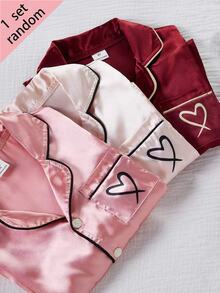 SHEIN 女童純色緞面極簡口袋愛心印花長袖開襟外套套褲休閒家居服 3 套隨機發貨 1 套驚喜盲盒 - 彩色 - 查看 5