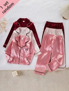 SHEIN 女童純色緞面極簡口袋愛心印花長袖開襟外套套褲休閒家居服 3 套隨機發貨 1 套驚喜盲盒 - 彩色 - 查看 2