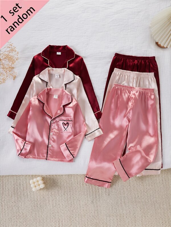 Souflis Souflis Pijamas para niñas de color liso de satén minimalista con estampado de corazón en el bolsillo, cárdigan de manga larga con pantalones, ropa de estar en casa casual, 3 sets enviados al azar, 1 set caja sorpresa ciega