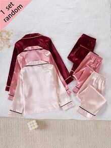 SHEIN 女童純色緞面極簡口袋愛心印花長袖開襟外套套褲休閒家居服 3 套隨機發貨 1 套驚喜盲盒 - 彩色 - 查看 3