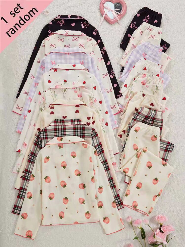 (Randomly Sent 1 Set) School Girl Pajamas, Tween GirlsFresh Apricot Bowknot Print Long Sleeve Lapel Cardigan And Long Pants Casual 2-Piece Loungewear Surprise Blind Box - Multicolor - View 2