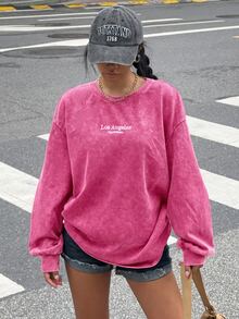 Muchica 大尺碼女款粉色字母印花圓領落肩長袖運動衫 約會之夜 辦公室 度假 秋季休閒 1960年代風格 - 玫紅色 - 查看 4