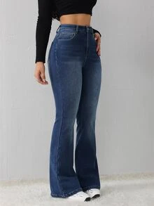 SHEIN CURVE+ 大尺碼休閒寬鬆修身水洗喇叭牛仔褲 秋季正式復古節慶曲線+ 毛絨抓絨套裝 外出海灘海軍藍 - 藍色 - 查看 4