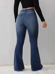 SHEIN CURVE+ 大尺碼休閒寬鬆修身水洗喇叭牛仔褲 秋季正式復古節慶曲線+ 毛絨抓絨套裝 外出海灘海軍藍 - 藍色 - 查看 8