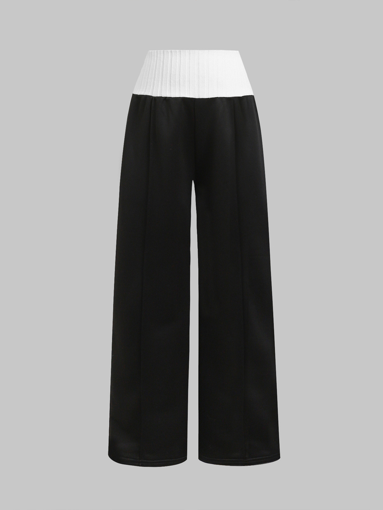 SHEIN Tween Girl New Casual Versatile Snug Fit Low Waist Elastic Waist Loose Wide Leg Pants, Color Block, Patchwork, Back To School, Fall/Winter - Black - View 5