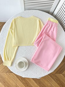 SHEIN 青少年女孩休閒寬鬆落肩衛衣與百褶運動長褲套裝，適合日常穿著、外出與上學，兒童款 - 黃色 - 查看 7