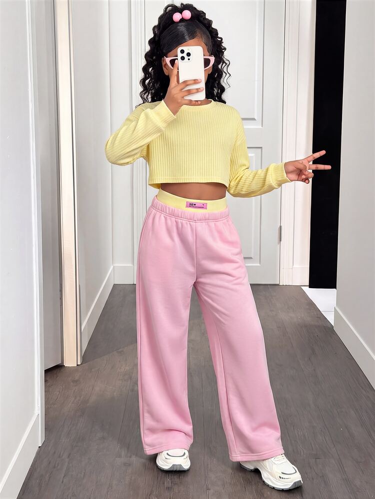 SHEIN Tween Girl Casual Loose Drop Shoulder Sweatshirt & Pleated Sweatpants Long Pants Set, Suitable For Daily Wear, Outings And School, Kids - Yellow - View 2