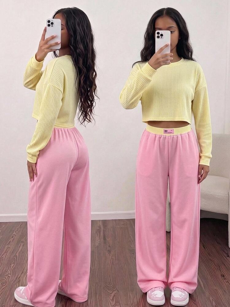 SHEIN Tween Girl Casual Loose Drop Shoulder Sweatshirt & Pleated Sweatpants Long Pants Set, Suitable For Daily Wear, Outings And School, Kids - Yellow - View 3