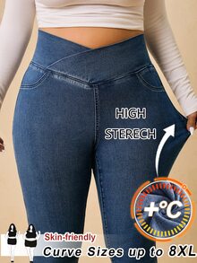 SHEIN CURVE+ 大尺碼女款不對稱腰線修身牛仔褲，休閒百搭，適合秋冬，休閒、正式、商務、健身、開學季全方位穿搭 CURVE+ - 藍色 - 查看 1