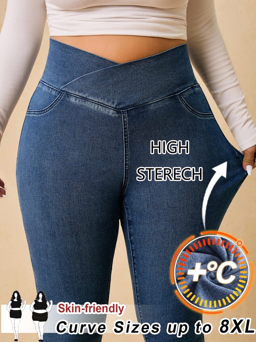SHEIN CURVE+ 大尺碼女款不對稱腰線修身牛仔褲,休閒百搭,適合秋冬,休閒、正式、商務、健身、開學季全方位穿搭 CURVE+ - 藍色 - 查看 1