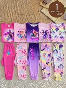 SHEIN 女童卡通圖案針織軟綿圓領長袖套頭上衣彈性腰長褲修身兩件套 - 紫色 - 查看 1