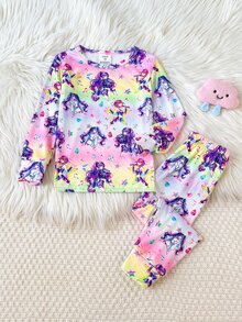 SHEIN 女童卡通圖案針織軟綿圓領長袖套頭上衣彈性腰長褲修身兩件套 - 紫色 - 查看 2